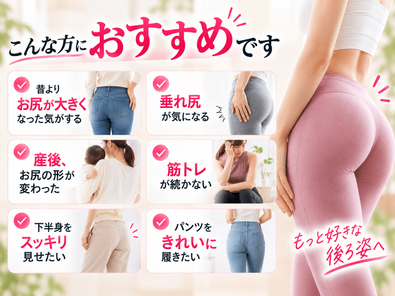 お尻の悩みを解消して笑顔を見せる女性たち