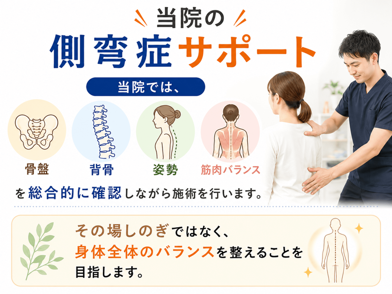 骨盤・背骨・姿勢・筋肉へ優しくアプローチする当院の側弯症施術イメージ