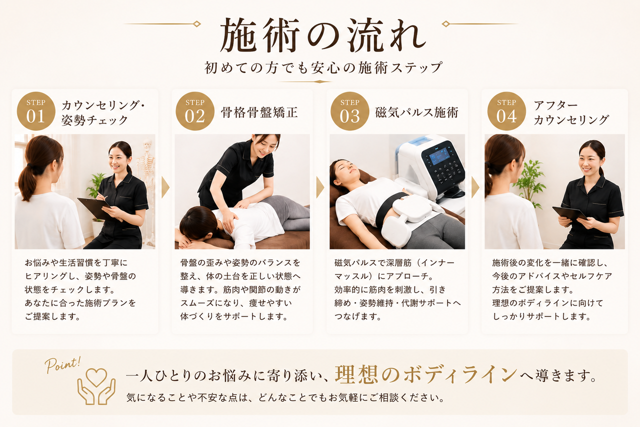 カウンセリングから骨盤矯正、磁気パルス施術、アフターケアまで、ご来院から施術終了までの4つのステップを説明する施術の流れのイメージ画像