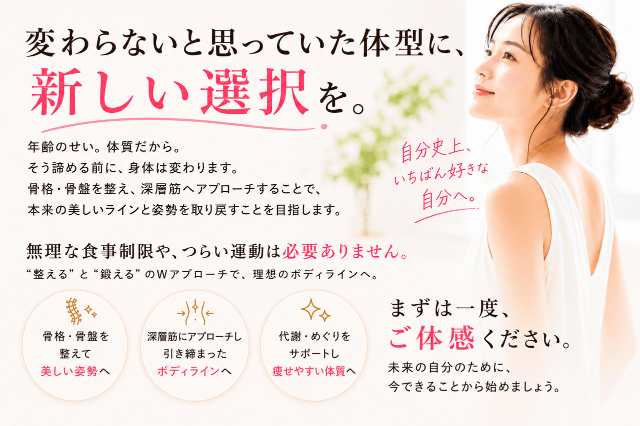 「整える」と「鍛える」のWアプローチによるメリット（美姿勢・ボディライン引き締め・痩せやすい体質）と、「まずは一度、ご体感ください。」というメッセージを伝えるまとめのイメージ画像