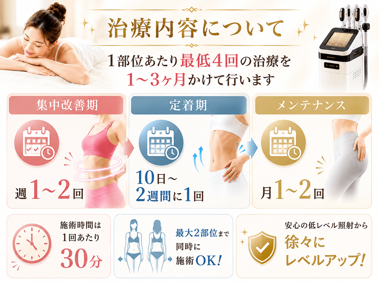 筋肉の修復と脂肪排出のサイクルに合わせ、最初の1ヶ月は週1回から2回、その後は月1回から2回の定期メンテナンスという理想的な通院スケジュールを分かりやすく表したイメージ画像です。