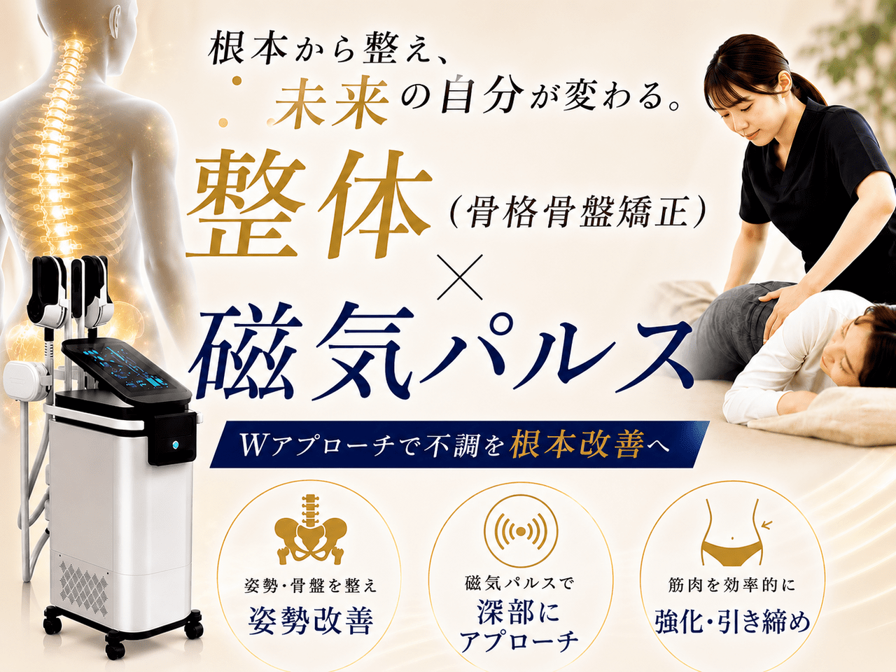 北九州市小倉南区の新小倉カイロプラクティック整体院による骨格骨盤矯正と次世代磁気パルス痩身のWアプローチイメージ