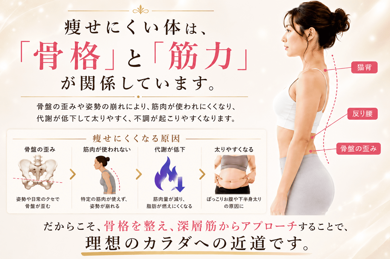 骨盤の歪みと深層筋の低下が原因で基礎代謝が下がり太りやすくなる仕組みの解説