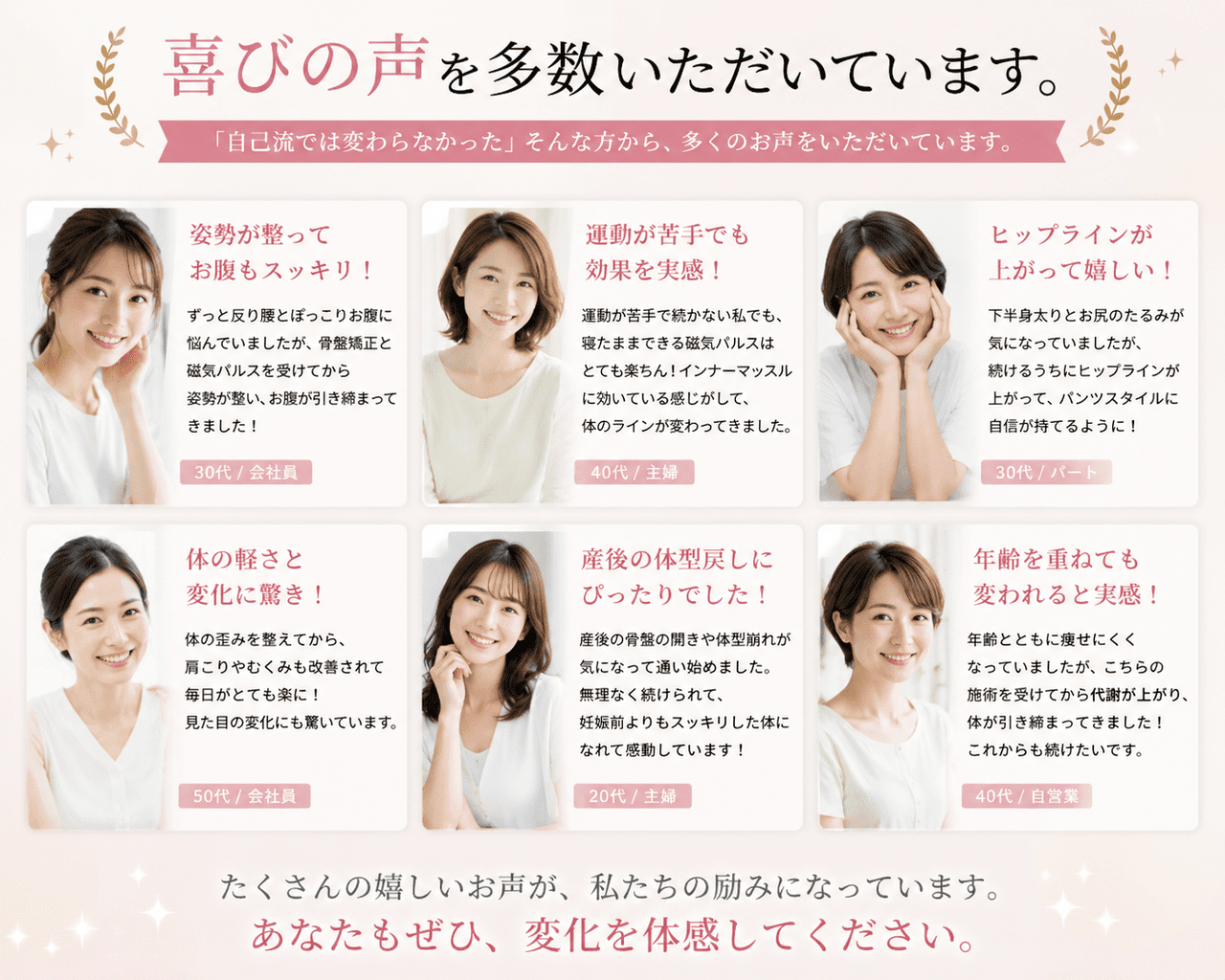 磁気パルス痩身を受けた患者様の喜びの声のまとめ画像。「姿勢が整いお腹が引き締まった」「代謝が上がり体が引き締まってきた」「パンツスタイルに自信が持てるように」など、変化を体感された6名（20代〜50代）の感想を紹介。