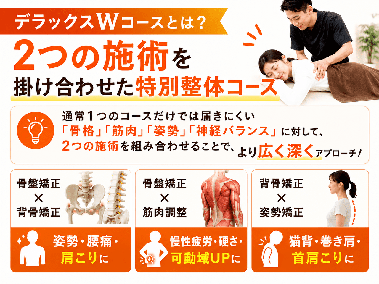 骨格矯正と筋肉調整の2つの施術を掛け合わせる新小倉カイロプラクティック整体院のプレミアム整体コース