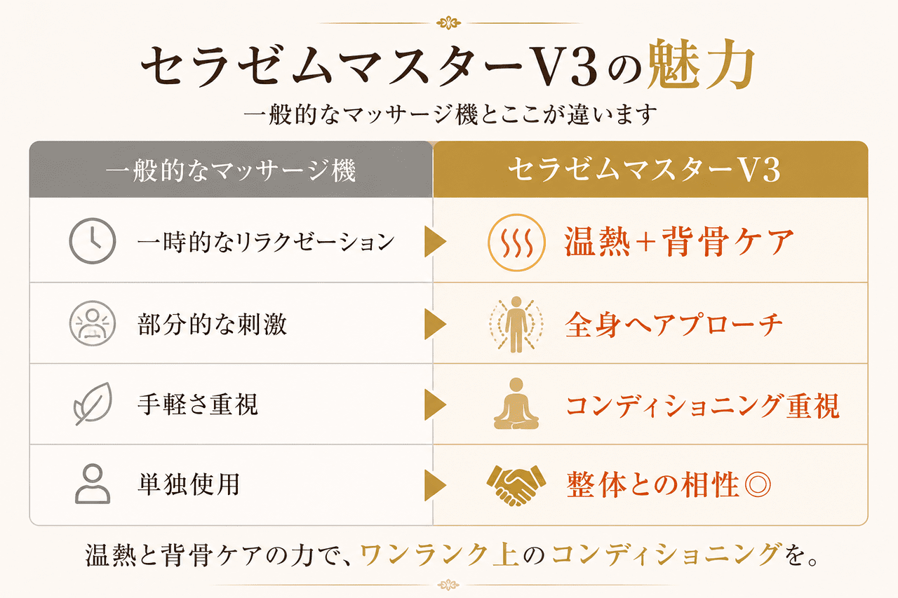 一時的なもみほぐしとは異なり、背骨ラインへの精密なアプローチによってお身体の深部コンディションをトータルに整え、当院の得意とする骨盤矯正の施術効果をさらに長持ちさせる相乗効果を表したイメージ画像です。