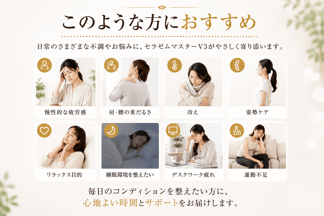 横になって寝ているだけでリラックスしながら姿勢を整えたい方や、日々のストレスから解放されて心身ともにリフレッシュできる温熱コンディショニング習慣を取り入れたい北九州市小倉南区周辺の方向けのイメージ画像です。