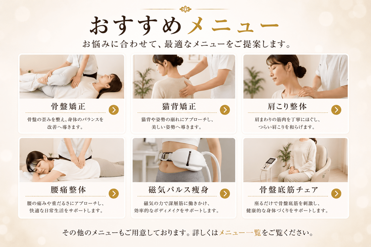 カイロプラクティックによる本格的な骨盤矯正や整体コースと、温熱効果で筋肉をあらかじめ緩めるセラゼムマスターV3を組み合わせることで、施術の負担を抑えてスムーズに美しい骨格ラインへ導くセットメニューのイメージ画像です。