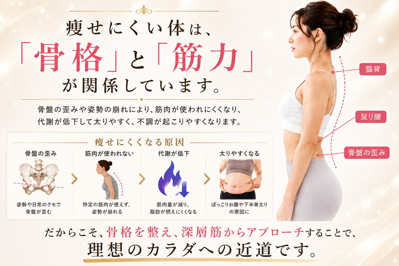 骨盤の歪みと深層筋の低下が原因で基礎代謝が下がり太りやすくなる仕組みの解説
