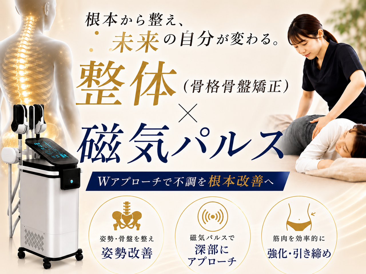 北九州市小倉南区の新小倉カイロプラクティック整体院による骨格骨盤矯正と次世代磁気パルス痩身のWアプローチイメージ