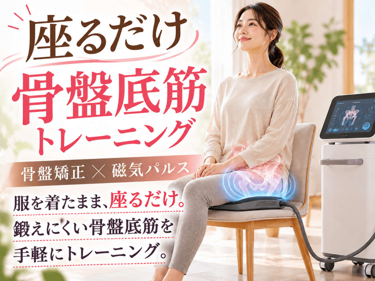 新小倉カイロプラクティック整体院で、女性が私服のまま専用の骨盤底筋トレーニングチェアに座り、横にある磁気パルス機器（ボディスカルプトRF）と専用座面パッドがセットされている様子。