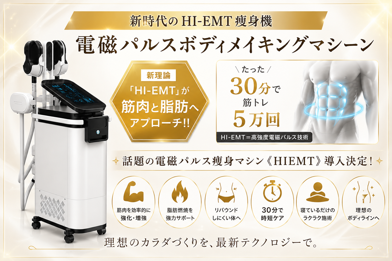 高密度焦点式電磁場による深層筋肉への刺激と、シンクロRF（ラジオ波）の温熱効果を組み合わせることで、効率的な脂肪燃焼と引き締めを可能にする先進の痩身メカニズムを解説したイメージ画像です。