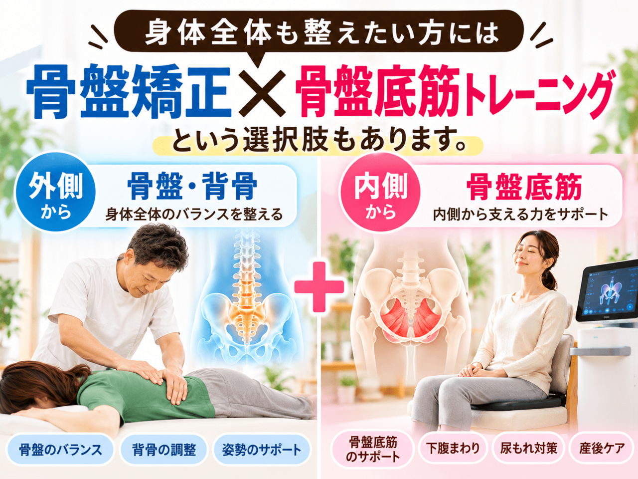 整体による骨盤・背骨矯正と骨盤底筋トレーニングを組み合わせたセット施術のイメージ