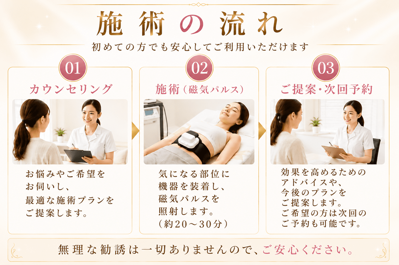 新小倉カイロプラクティック整体院の清潔な施術室内で、お客様がリラックスしてベッドに横になり、衣服を着たまま磁気パルス痩身マシーンの施術を受けている流れを説明するイメージ画像です。