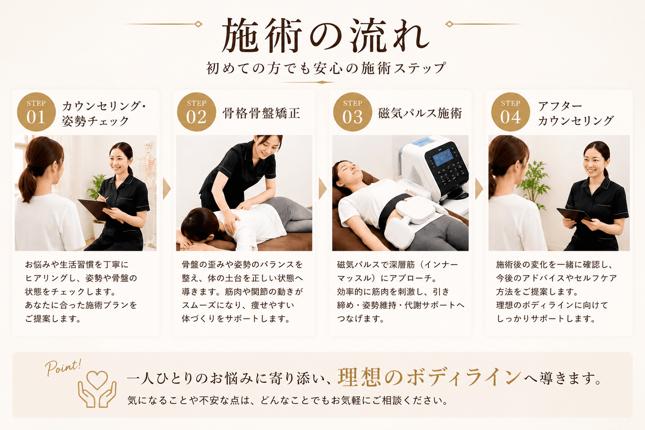 カウンセリングから骨盤矯正、磁気パルス施術、アフターケアまで、ご来院から施術終了までの4つのステップを説明する施術の流れのイメージ画像