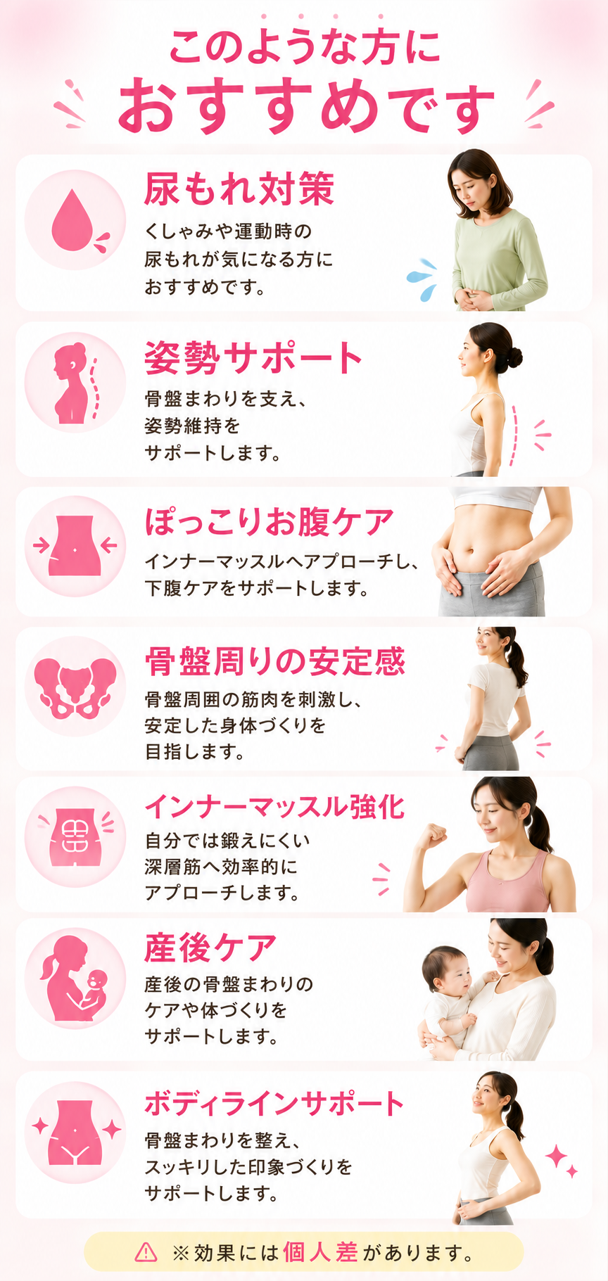 産後ケアを本格的に行いたい子育て中のママさんや、年齢に伴う尿失禁にお困りの方、ヒップアップや姿勢改善を目指す北九州市小倉南区周辺の女性のイメージ画像です。