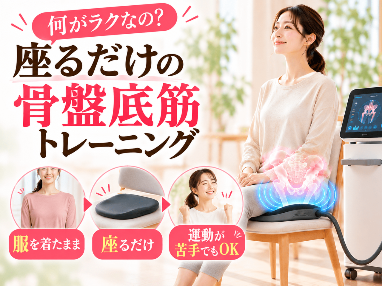 私服姿の女性がリラックスして専用チェアに座るだけで、専用パッドから磁気パルスが骨盤底筋群にアプローチしているトレーニング中の様子