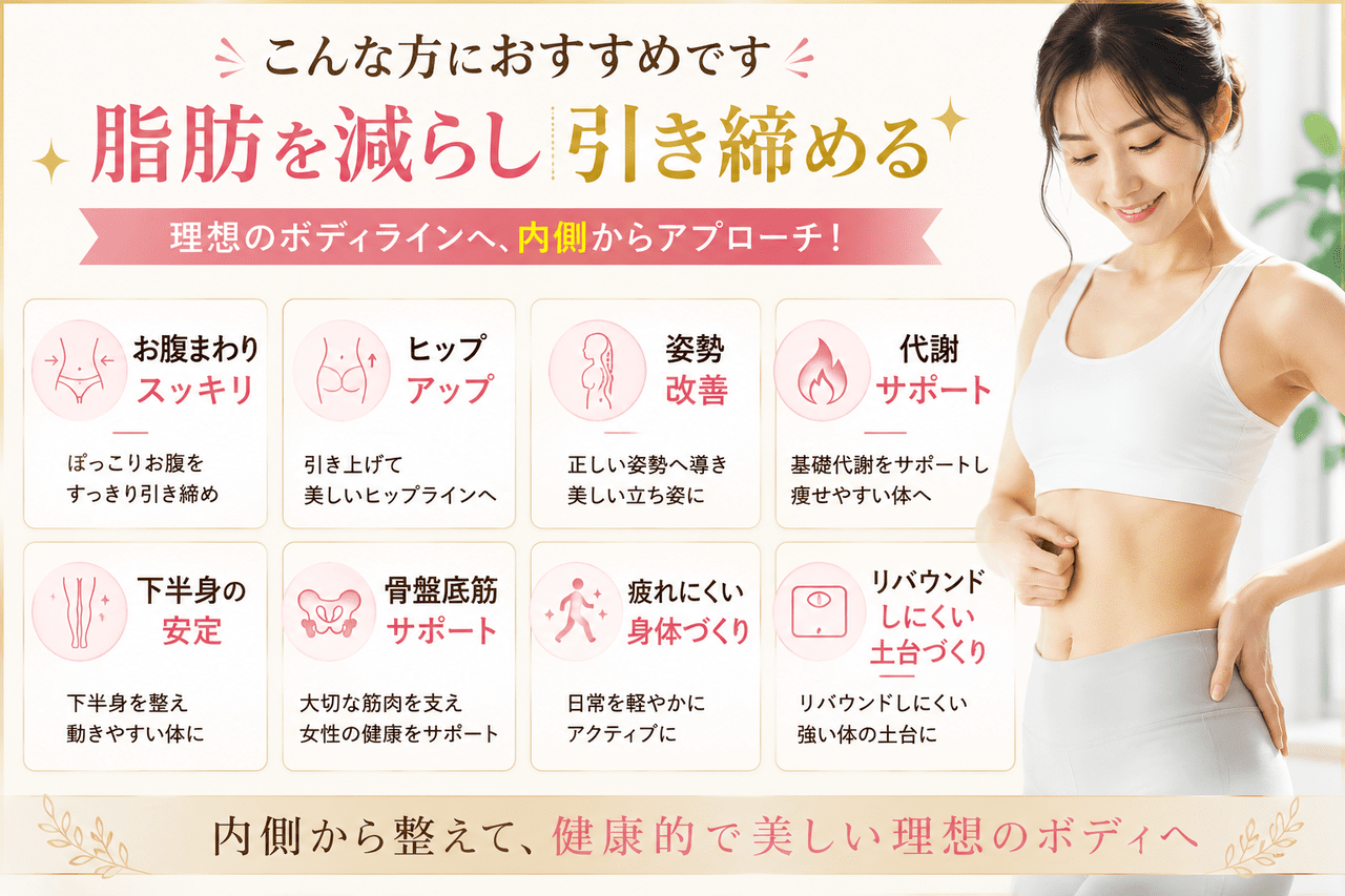 「脂肪を減らし引き締める」の解説画像。お腹まわり、ヒップ、姿勢、代謝など、内側から整える8つのメリットの紹介。