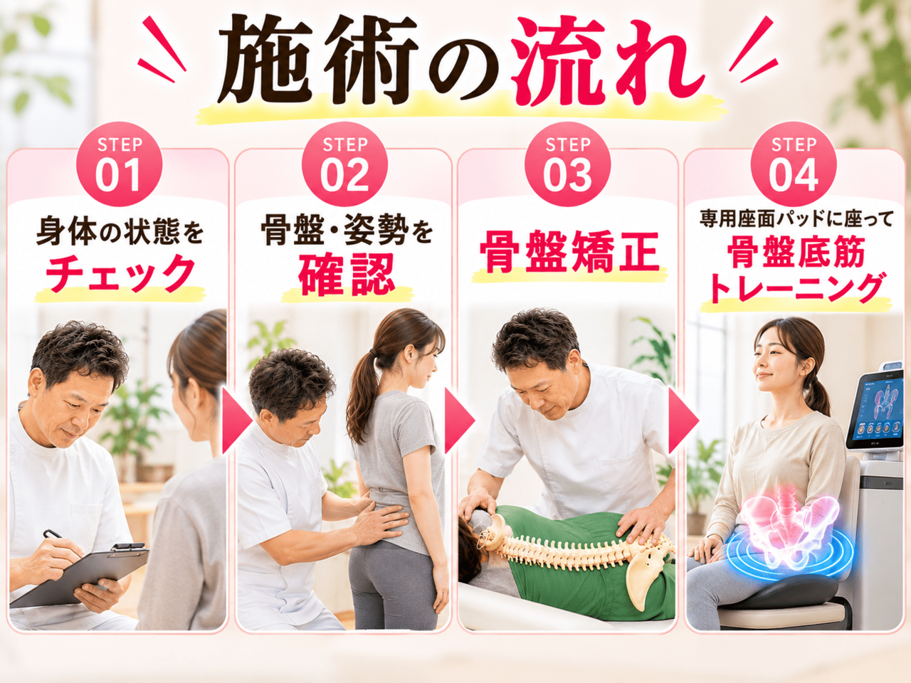 院長によるカウンセリング、姿勢のチェック、手技での骨盤矯正、そして座るだけの骨盤底筋トレーニングへとスムーズに進む一連の流れを解説した写真