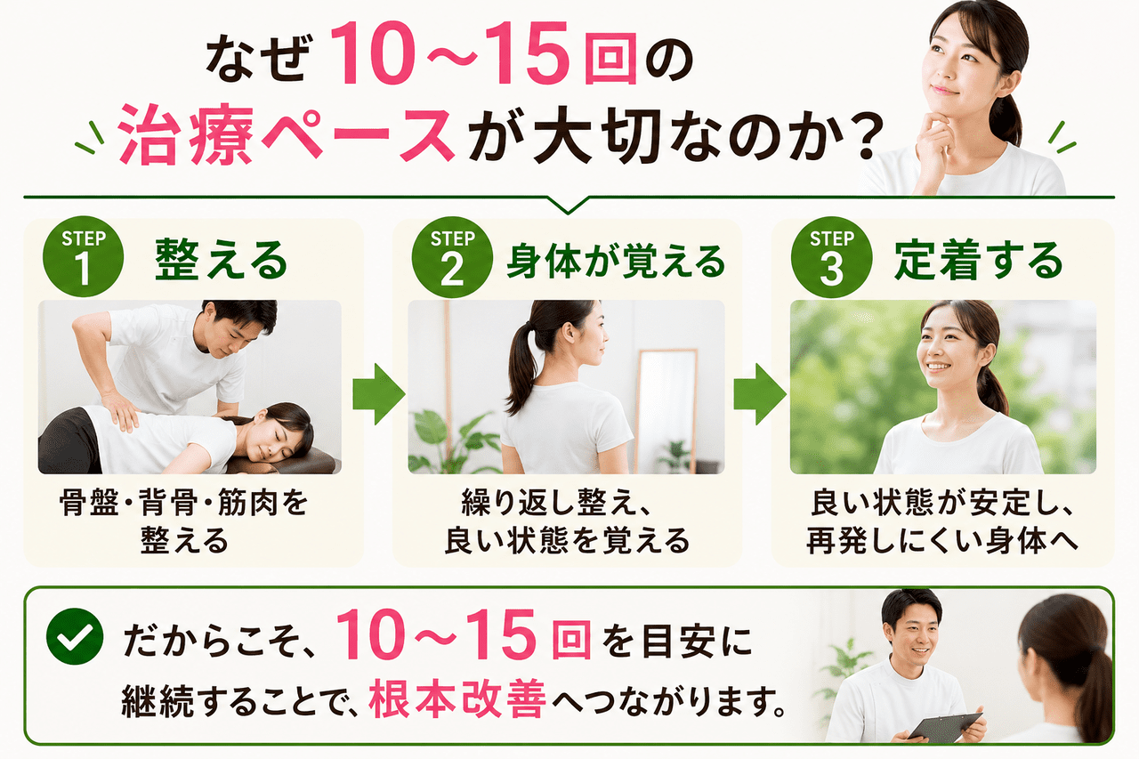 長年の骨格の歪みや筋肉のアンバランスを根本から書き換えて正しい姿勢を完全に定着させるために必要な施術回数を解説する、新小倉カイロプラクティック整体院のステップイメージ