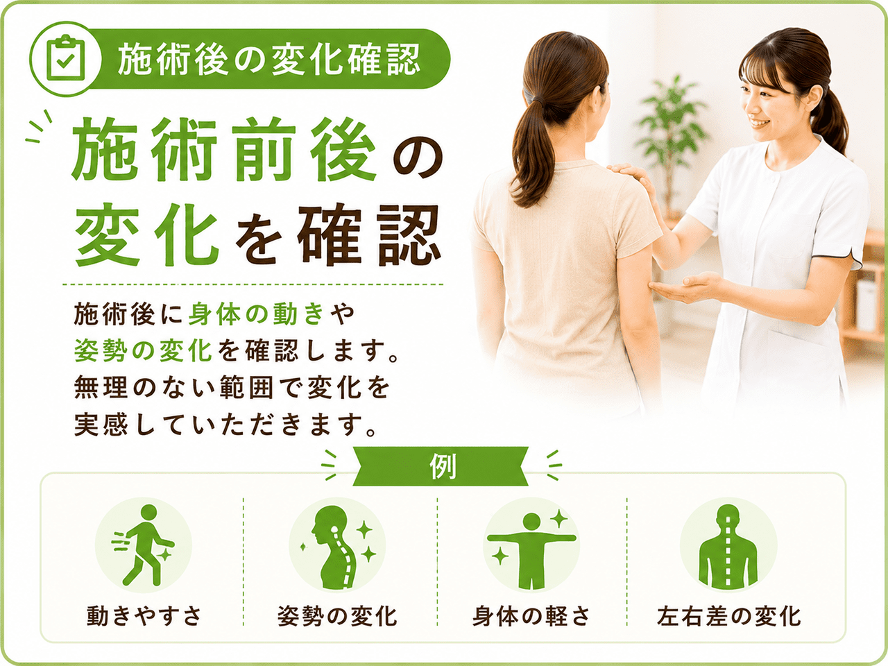 骨盤や背骨が正しい位置に整い、立ち上がった瞬間の身体の軽さや姿勢の変化をお客さまとその場で一緒に確認する新小倉カイロプラクティック整体院の様子
