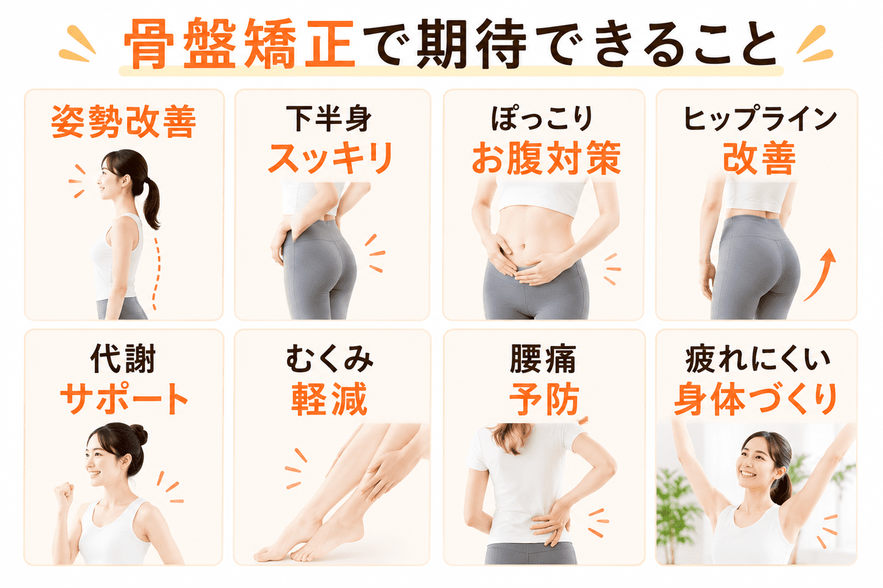 骨盤矯正によって期待できる姿勢改善・スタイルアップ・代謝サポートのイメージ（北九州市小倉南区）