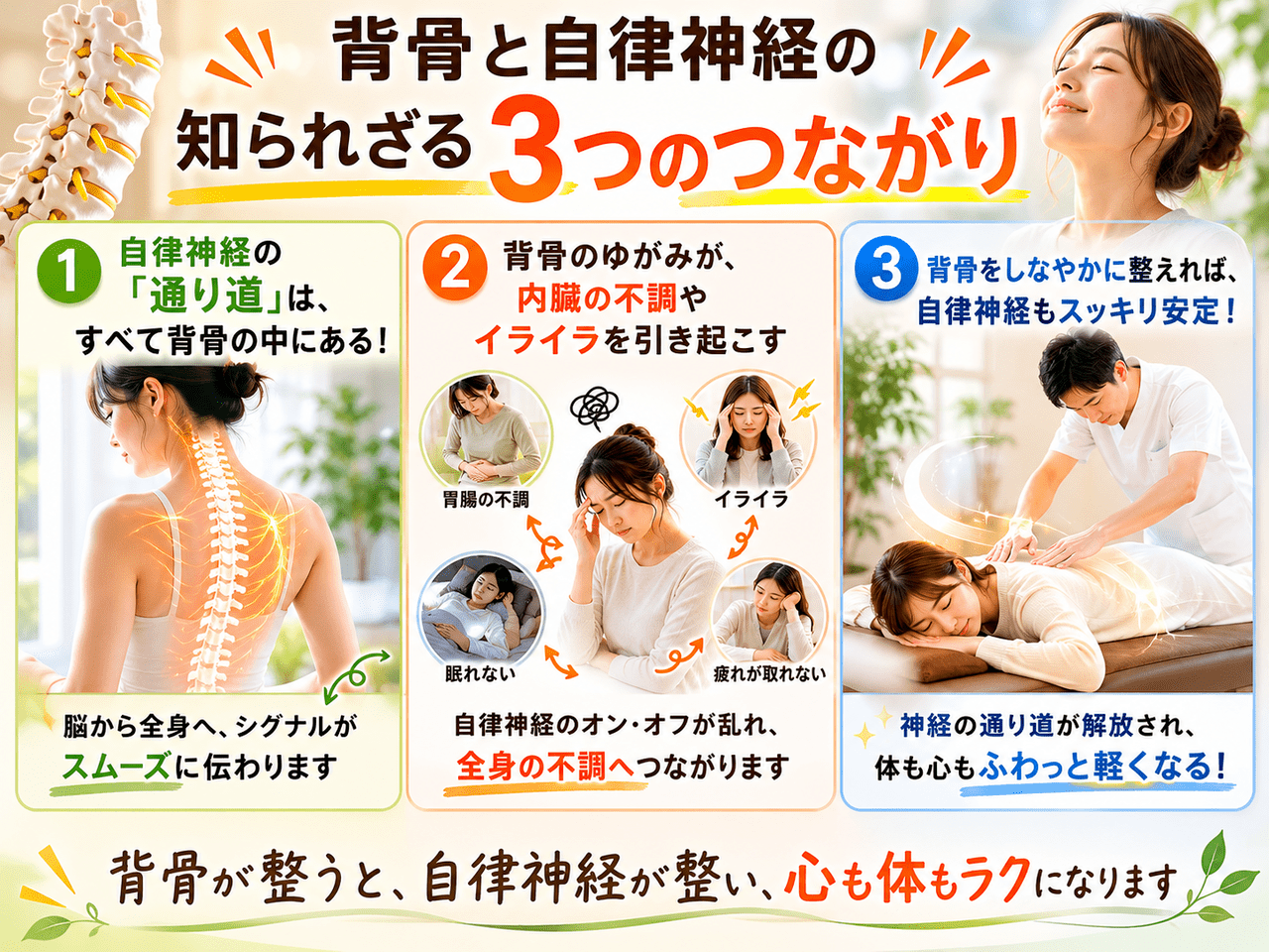 背骨の歪みや硬さが神経を圧迫し、自律神経のオン・オフの切り替えや胃腸の働きを低下させる仕組みを説明した解説図・イラスト。