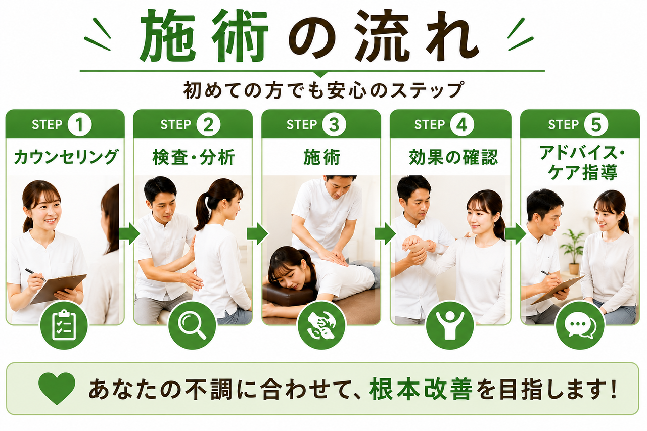 カウンセリングから検査、骨格矯正、アフターフォローまで、当院の首こり・肩こり・頭痛の施術の流れの解説図