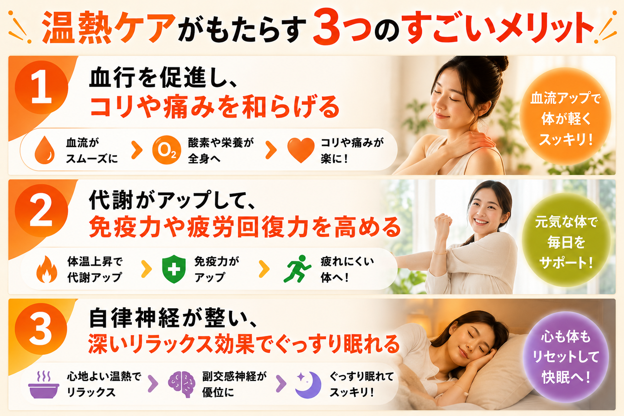 体を温めることで血行が促進され、副交感神経が優位になって心身の緊張がほぐれるリラックス効果のイメージ図解。