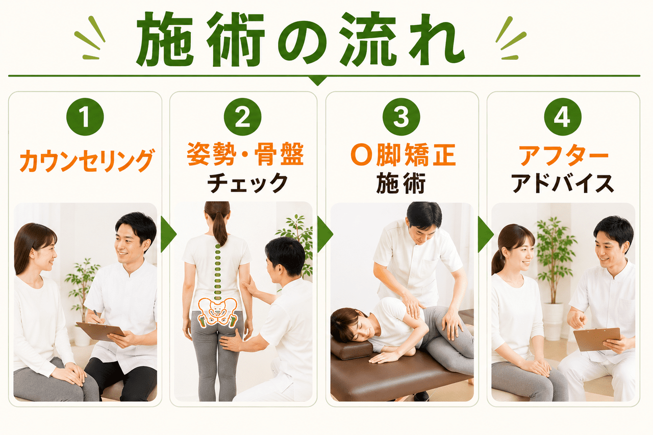 北九州市小倉南区の新小倉カイロプラクティックセンターが提供するO脚矯正整体の施術の流れ（①カウンセリング ②姿勢・骨盤チェック ③O脚矯正施術 ④アフターアドバイス）の解説図