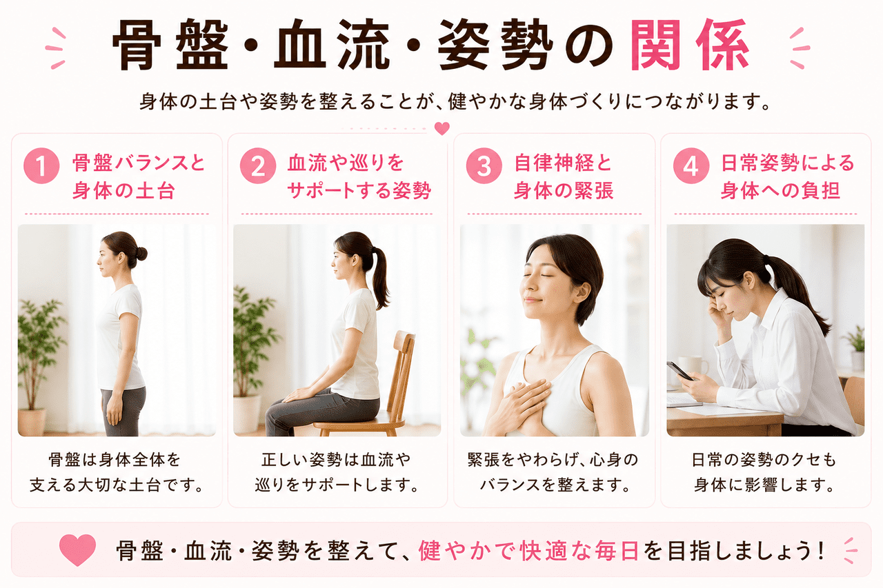 小倉南区の当院が解説する、骨盤の歪みや姿勢の悪さが子宮・卵巣の血流や自律神経に与える影響の解説図
