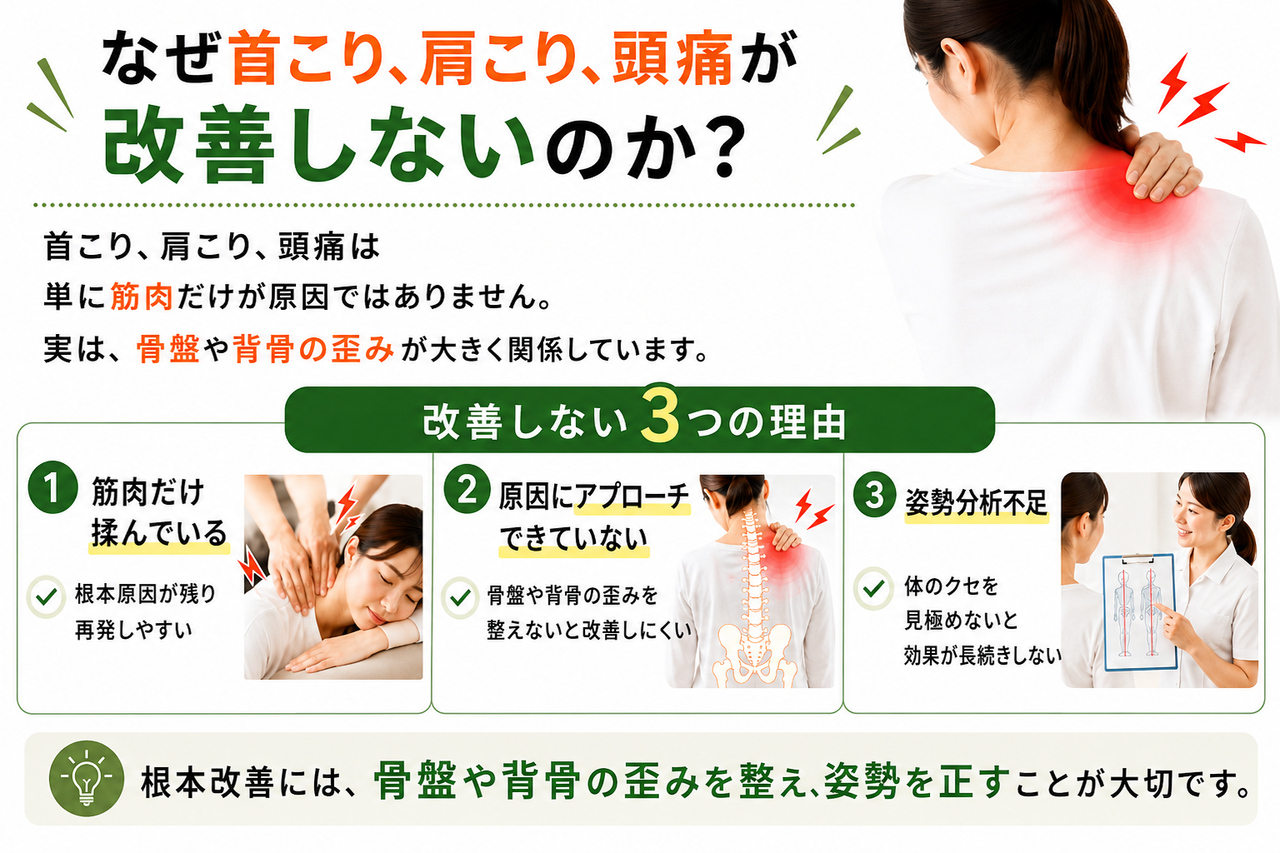 マッサージで一時的に揉みほぐしても、原因である骨格や骨盤の歪みが戻ってしまうイメージ画像
