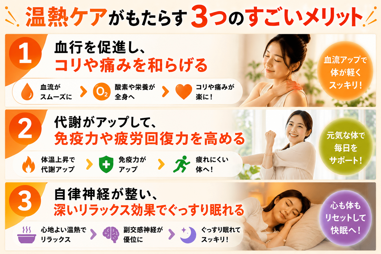 体を温めることで血行が促進され、副交感神経が優位になって心身の緊張がほぐれるリラックス効果のイメージ図解。