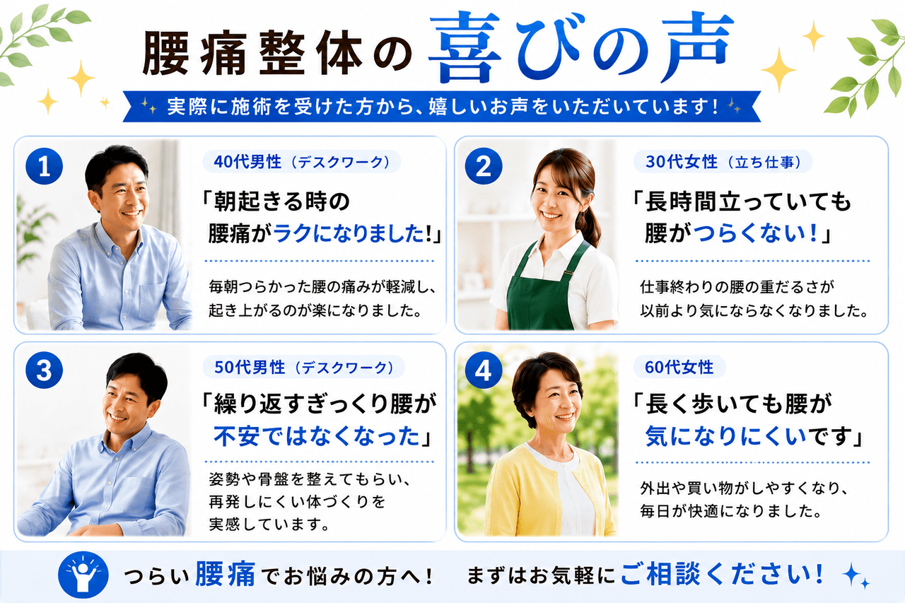 北九州市小倉南区の新小倉カイロプラクティックセンターで腰痛が改善した患者様の喜びの声