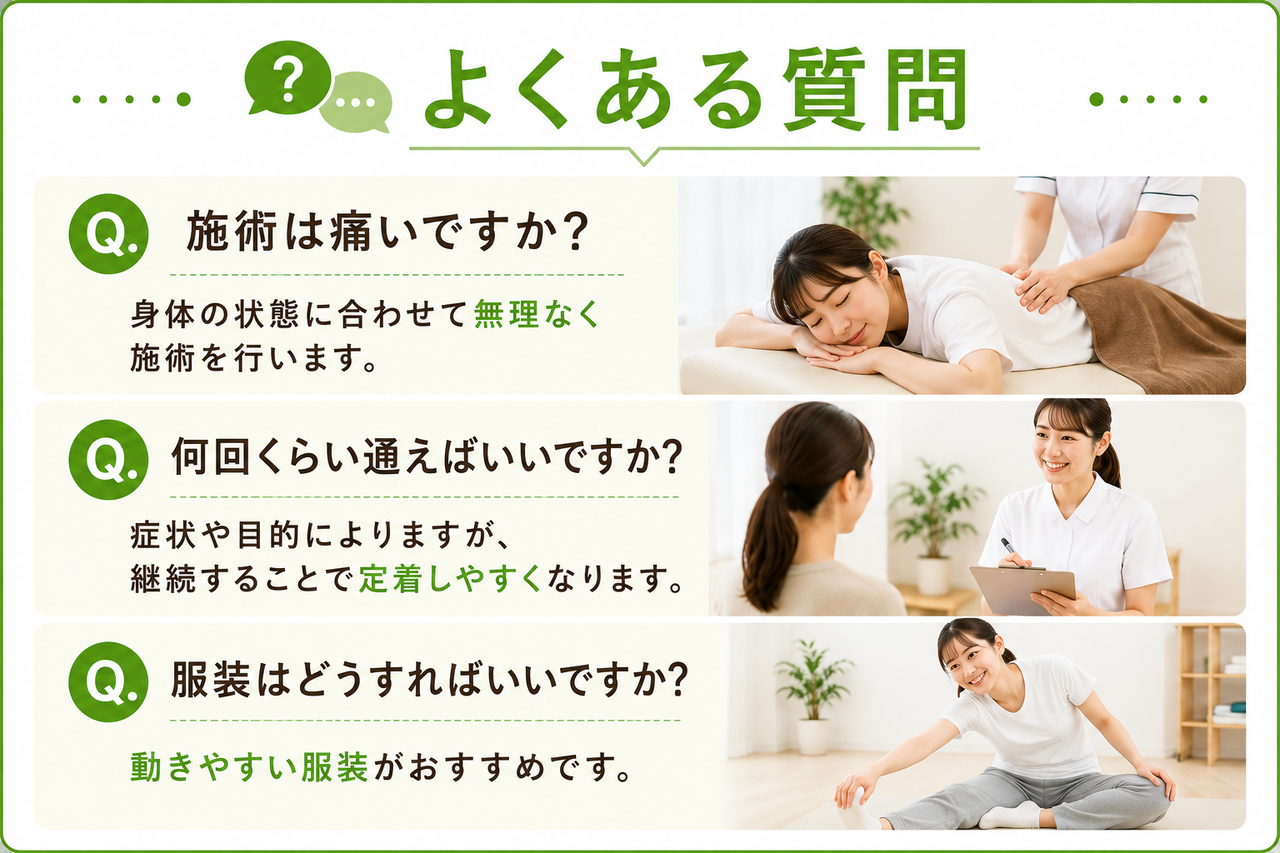 産後骨盤矯正の通院時期や服装、施術の痛みなど、整体院が初めての方の気になる疑問に分かりやすく答える新小倉カイロプラクティック整体院のQ&Aイメージ