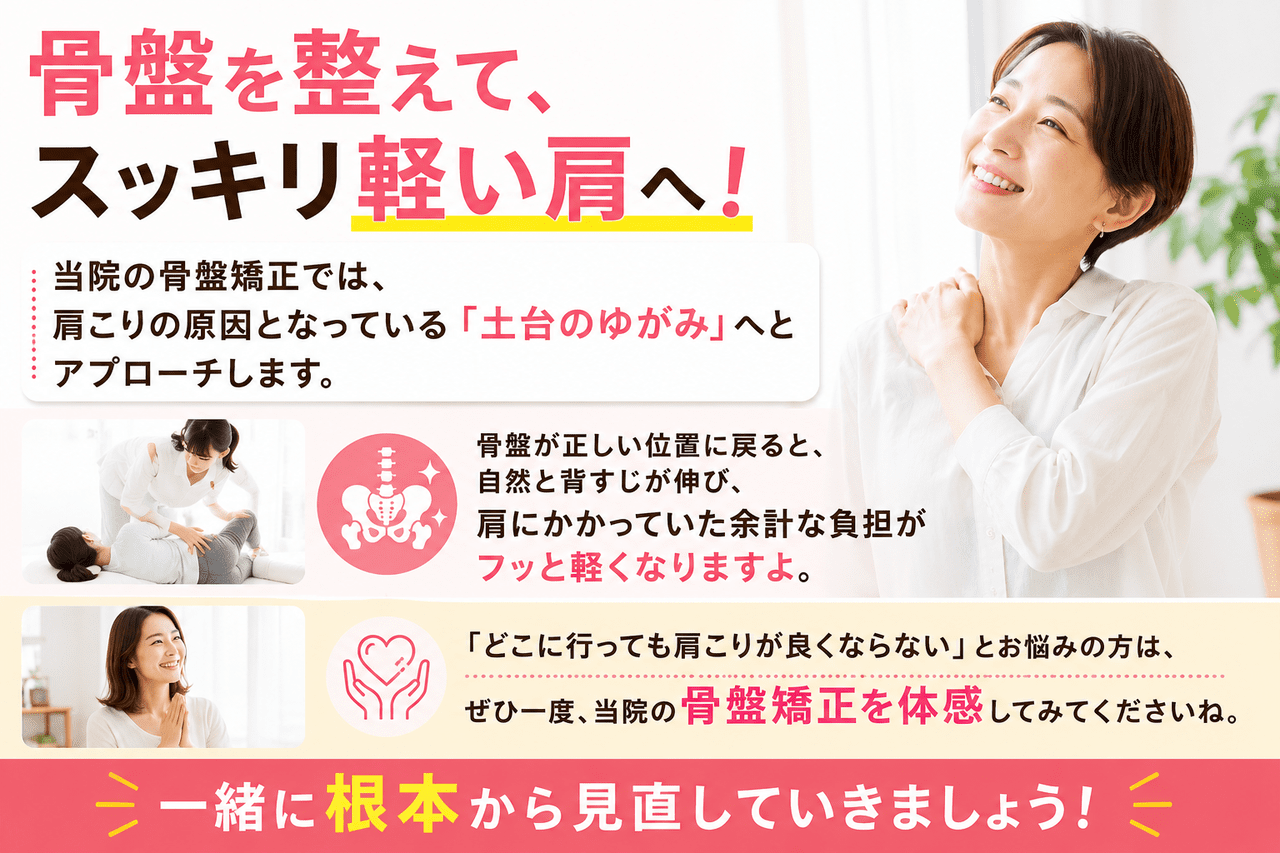 新小倉カイロプラクティック整体院での骨盤矯正の施術イメージ。土台となる骨盤を正しい位置に整えることで背すじが伸び、肩の負担を軽くする様子。