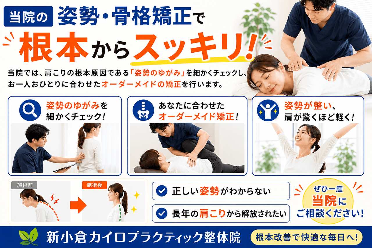 北九州市小倉南区の新小倉カイロプラクティック整体院による姿勢・骨格矯正の施術風景。体のバランスを骨格から正しい位置に戻すアプローチ。