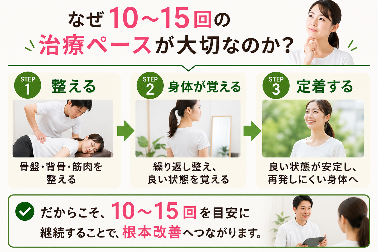 長年の骨格の歪みや筋肉のアンバランスを根本から書き換えて正しい姿勢を完全に定着させるために必要な施術回数を解説する、新小倉カイロプラクティック整体院のステップイメージ