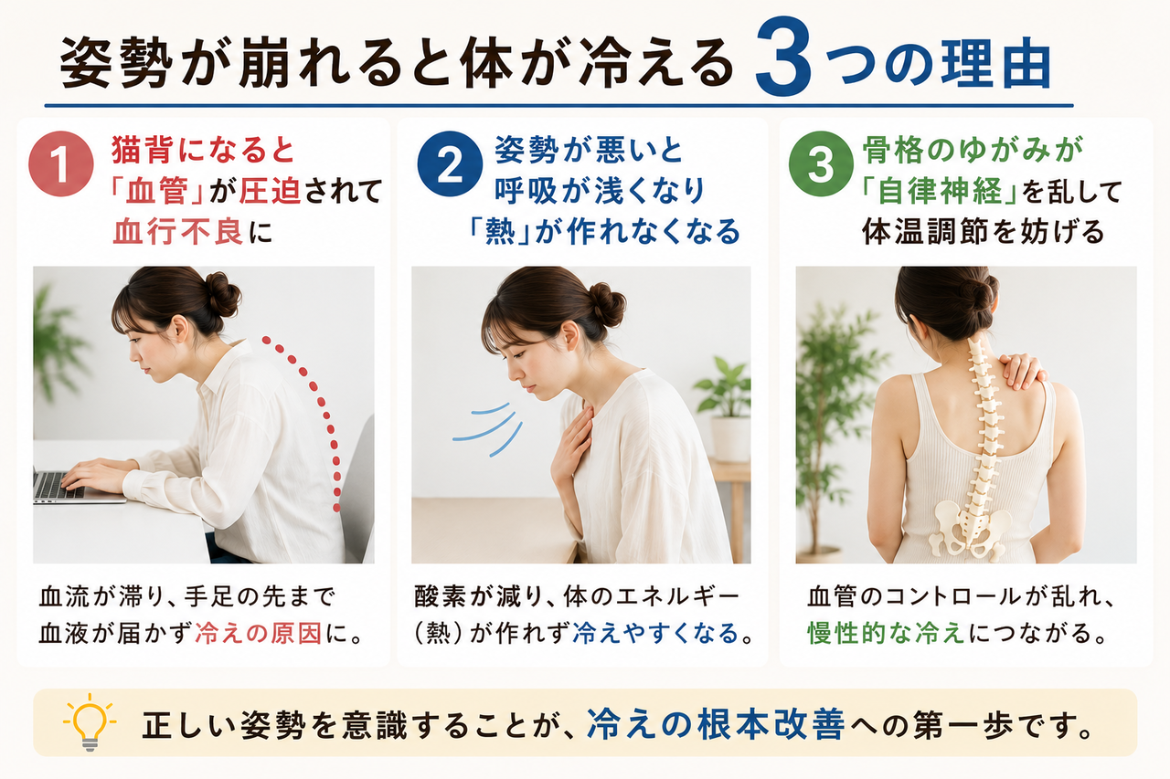 背骨のゆがみが自律神経の働きを乱し、血流のコントロールがうまくいかなくなって体が冷える仕組みの解説イラスト。