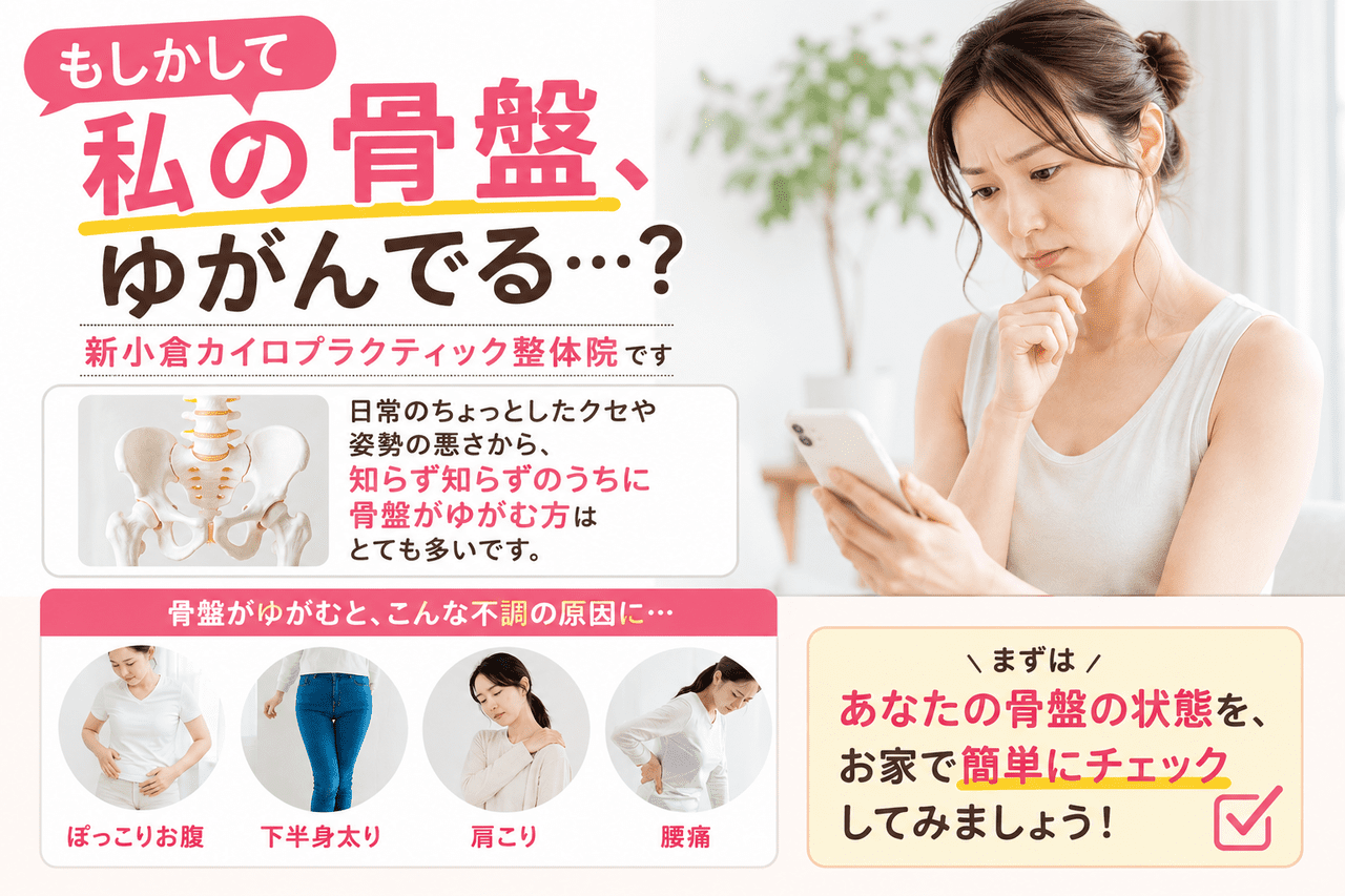 もしかして私の骨盤、ゆがんでる？の文字と、骨盤の歪みが引き起こす不調（ぽっこりお腹・下半身太り・肩こり・腰痛）の説明イメージ