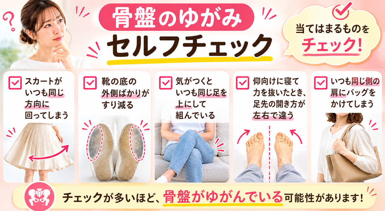 自宅で簡単にできる骨盤のゆがみセルフチェックの解説イメージ