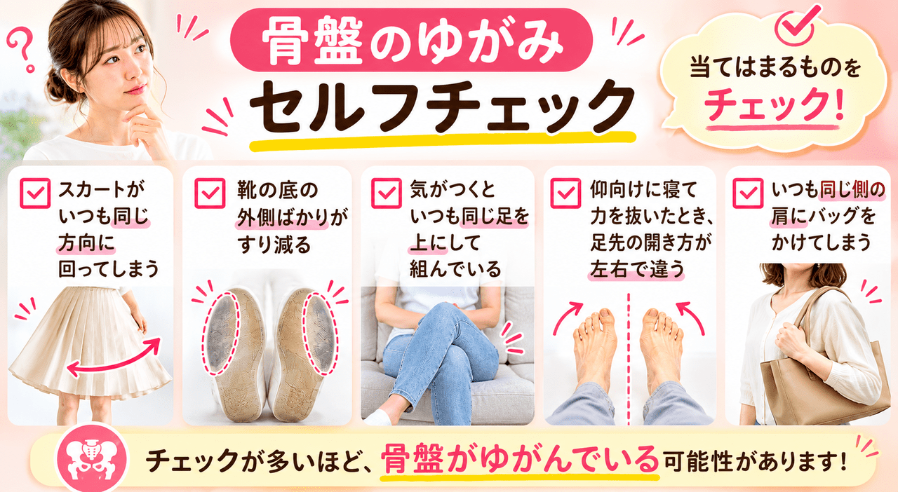 自宅で簡単にできる骨盤のゆがみセルフチェックの解説イメージ