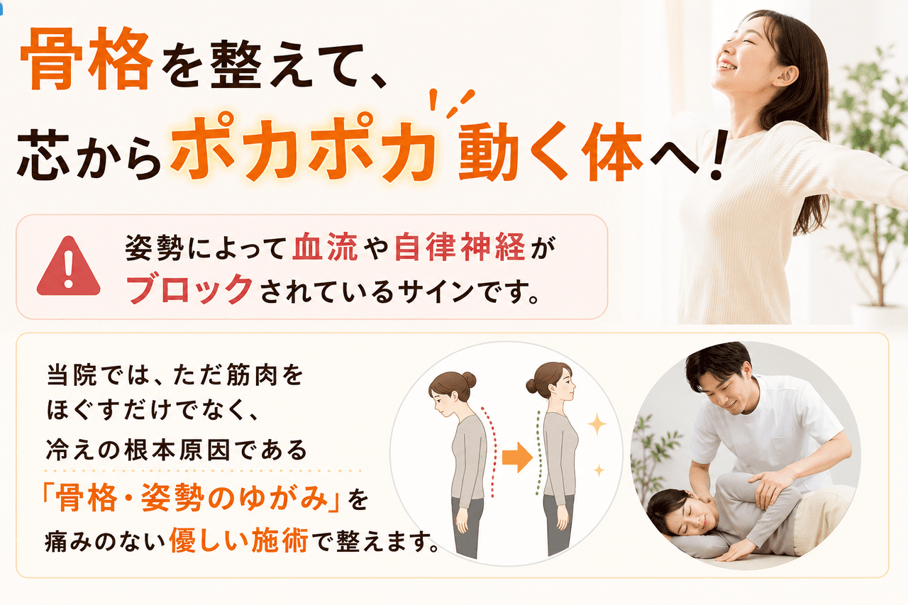 北九州市小倉南区の新小倉カイロプラクティック整体院による骨格・姿勢矯正の施術風景。土台からバランスを整え、血液が全身に流れ出すようアプローチする様子。