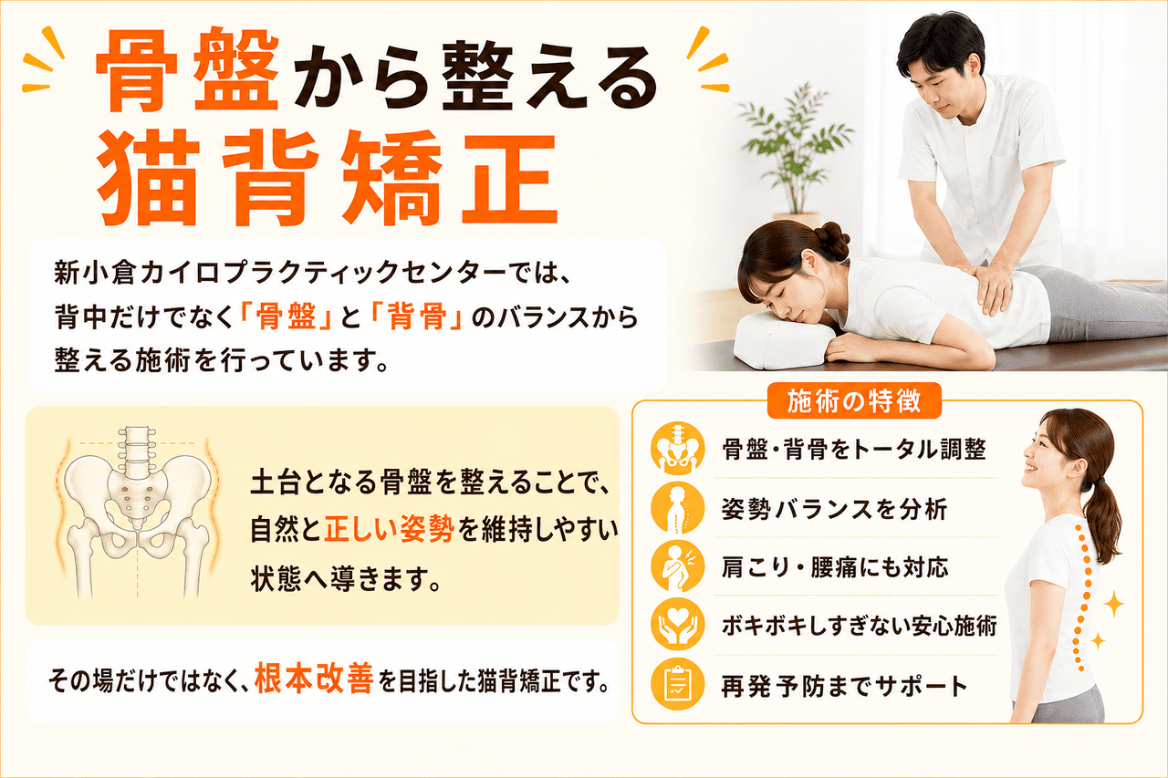 北九州市小倉南区の新小倉カイロプラクティックセンターによるソフトな猫背姿勢矯正の施術風景