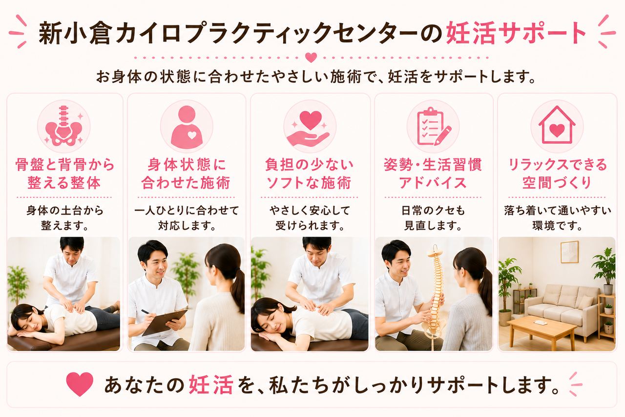 北九州市小倉南区の当院が提供する、骨盤と背骨のバランスを優しく整える安全な妊活整体の施術風景