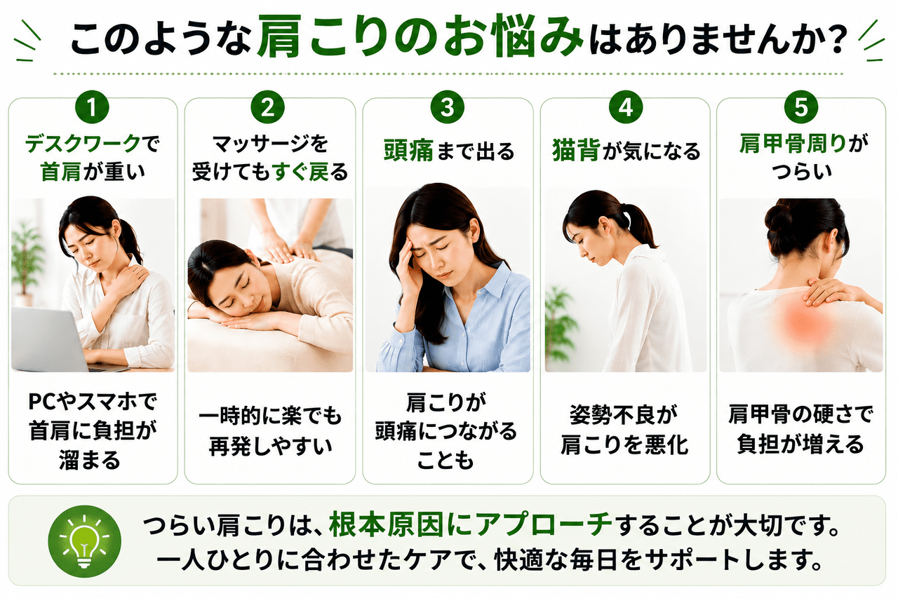デスクワークによる肩こりや慢性的な首こり、頭痛に悩まされている人のイメージ画像
