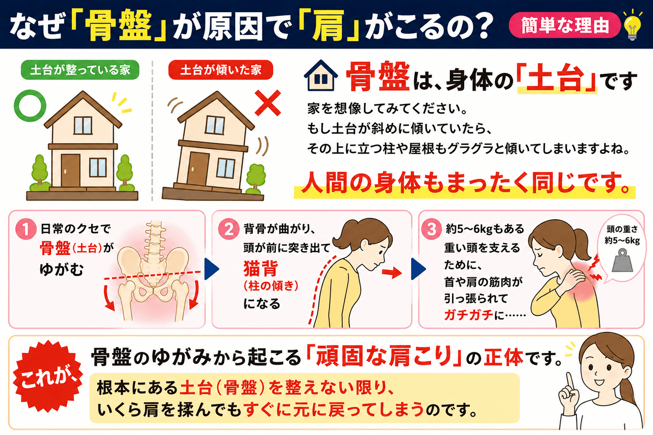 家の土台の傾きと人間の骨盤のゆがみを比較したイラスト。骨盤が歪むことで猫背になり、頭を支える首や肩の筋肉がガチガチに凝る仕組みの解説。