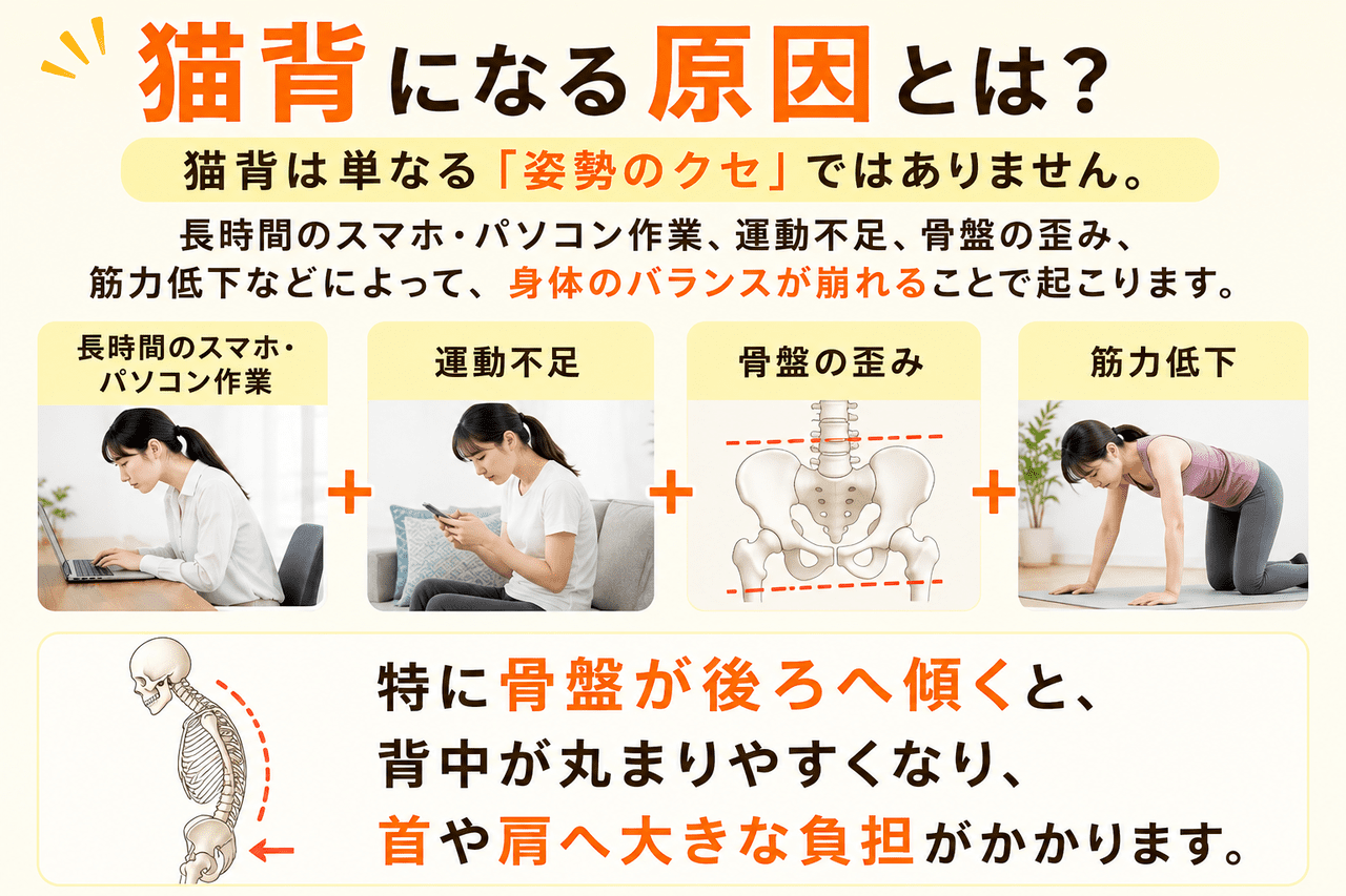 猫背や姿勢の崩れの根本原因となる骨盤の歪みの解説イメージ