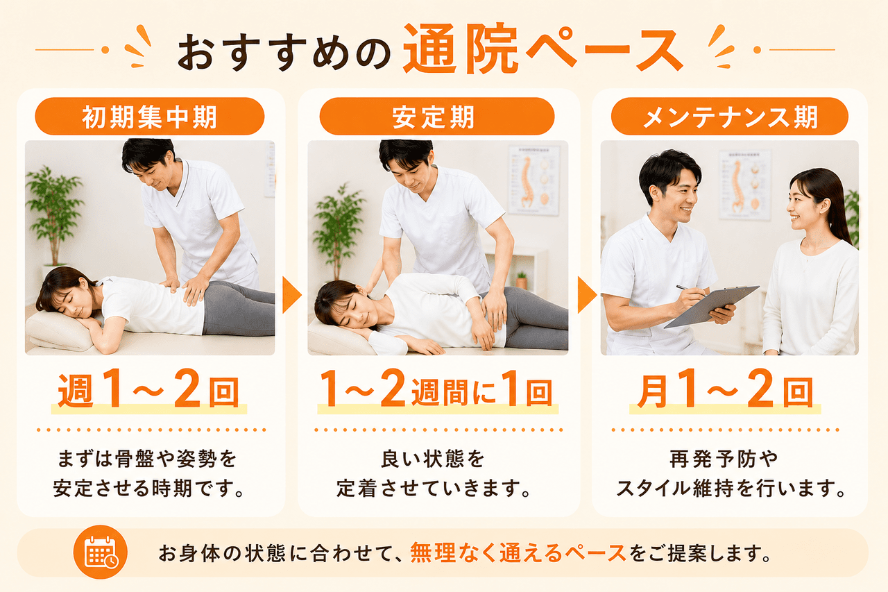 骨盤の正しい位置を身体に定着させるための理想的な通院ペースの解説（北九州市小倉南区の骨盤矯正）