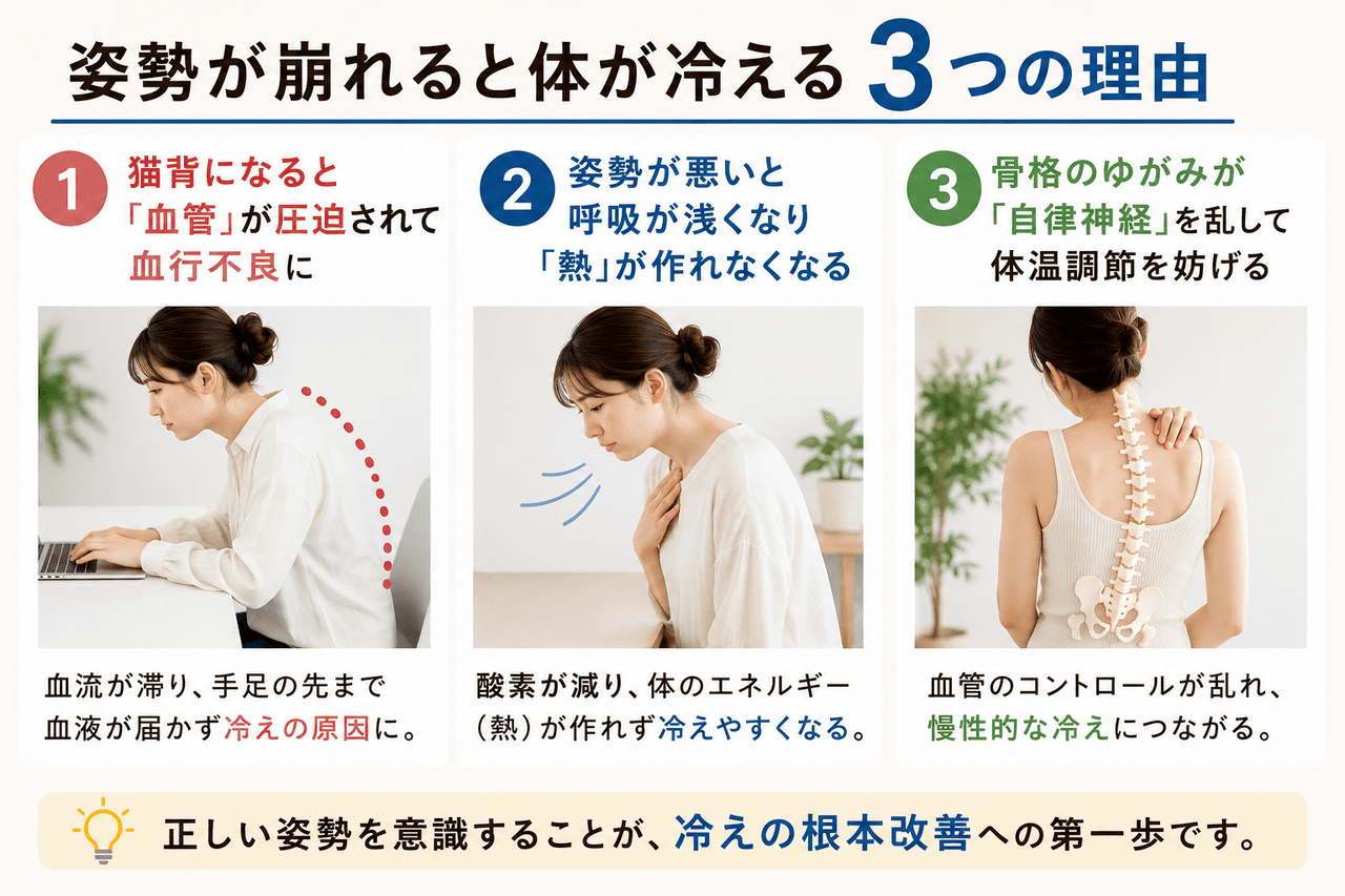 背骨のゆがみが自律神経の働きを乱し、血流のコントロールがうまくいかなくなって体が冷える仕組みの解説イラスト。